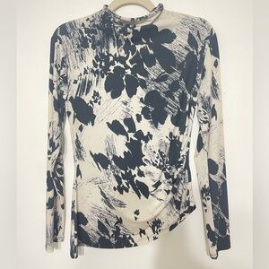 Black Baige abstract Floral Print Long Sleeve Top